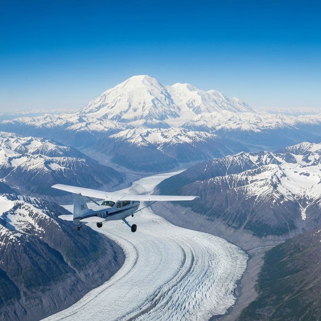 Bush plane flying near Denali with glacier views in Alaska