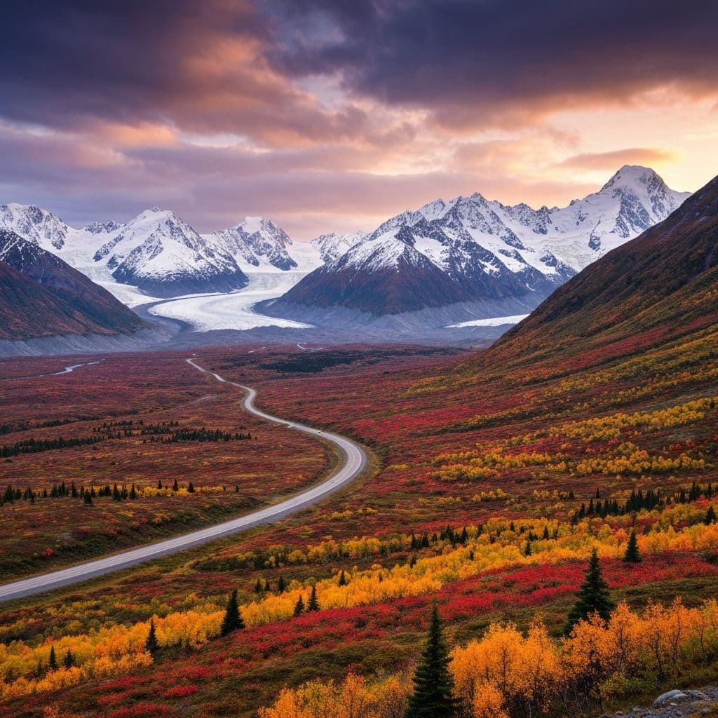 Scenic Glenn Highway winding through Alaska's mountain valley with dramatic peaks