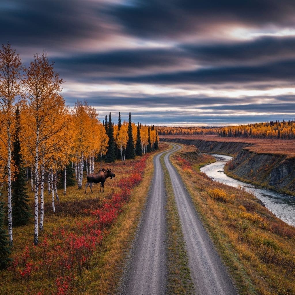 Petersville Road backcountry landscape in the Mat-Su Valley with fall colors and Alaska Range views
