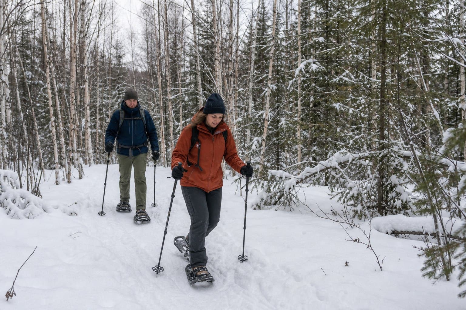Two adults snowshoeing through an Alaska birch-and-spruce forest