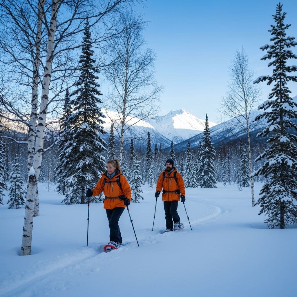 Guided winter snowshoeing through pristine Alaska backcountry