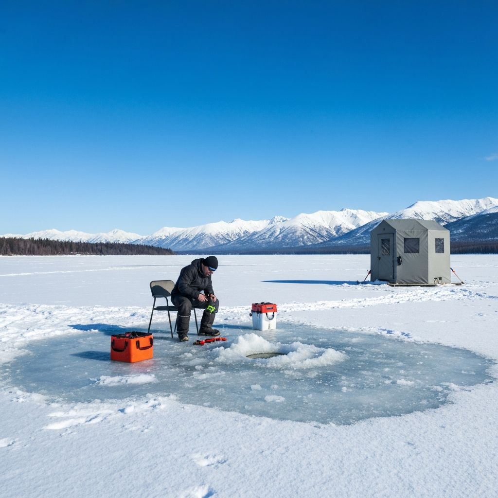 Winter ice fishing on a frozen Mat-Su Valley lake with snow-covered mountains